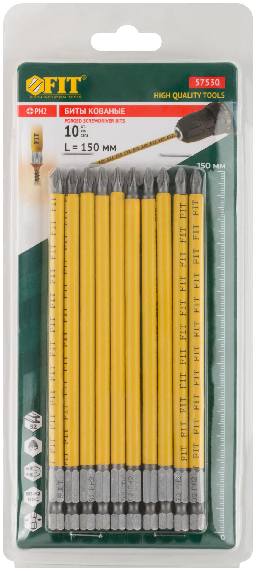 Биты кованые, сталь S2, односторонние 150 мм PH2, Профи 10 шт., блистер (57530)