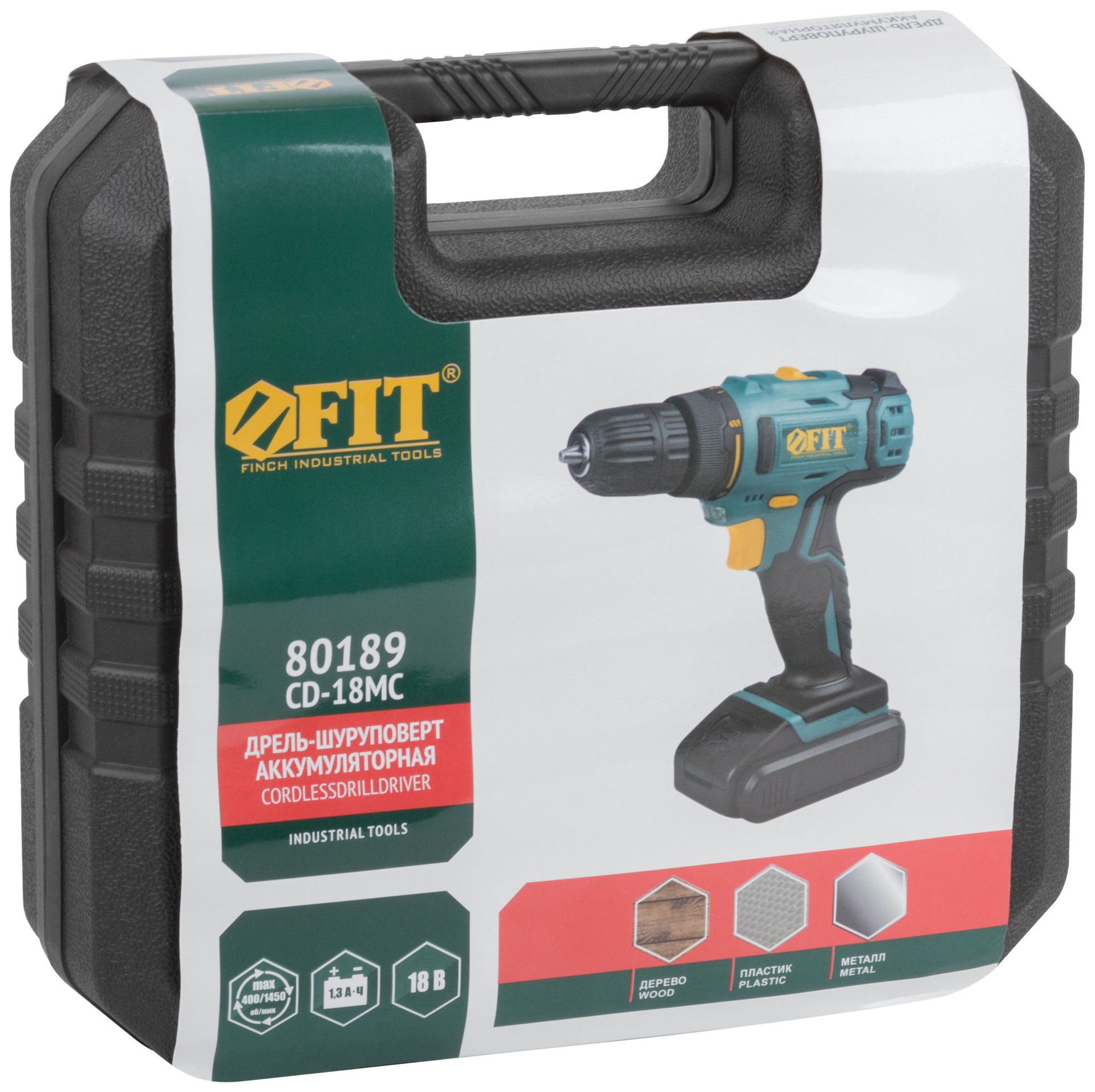 Дрель-Шуруповерт акк. 18 В; 0-400/1450 об/мин; 29 Нм; 2 (Li-Ion) 1,3 Ач; 1,5 ч.; рез. накл.; кейс (80189)