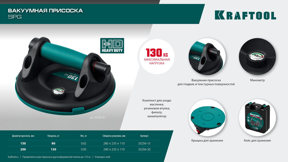 Вакуумная присоска с манометром SPG-150, 80 кг, 150 мм KRAFTOOL 33256-15