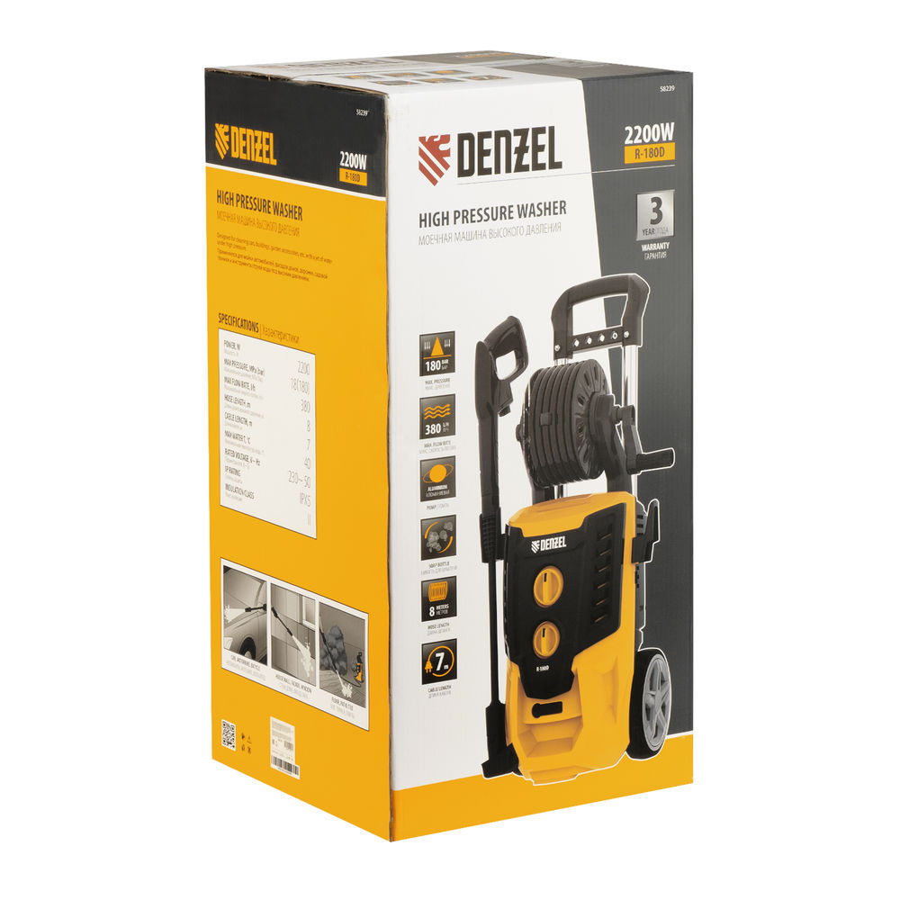 Моечная машина высокого давления R-180D, 2200 Вт, 180 бар, 380 л/ч, с барабаном Denzel (58239)
