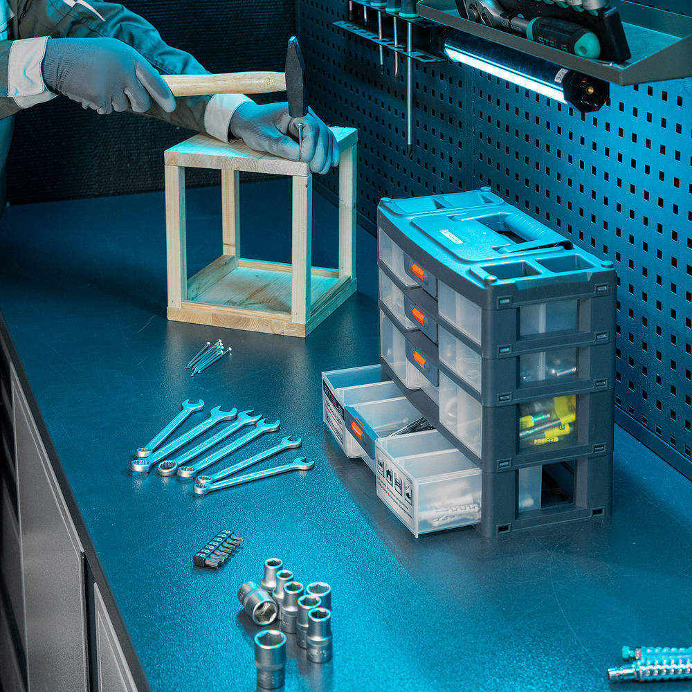 Органайзер для хранения с выдвижными лотками 310х150х260мм, 4 секции, пластик Stels