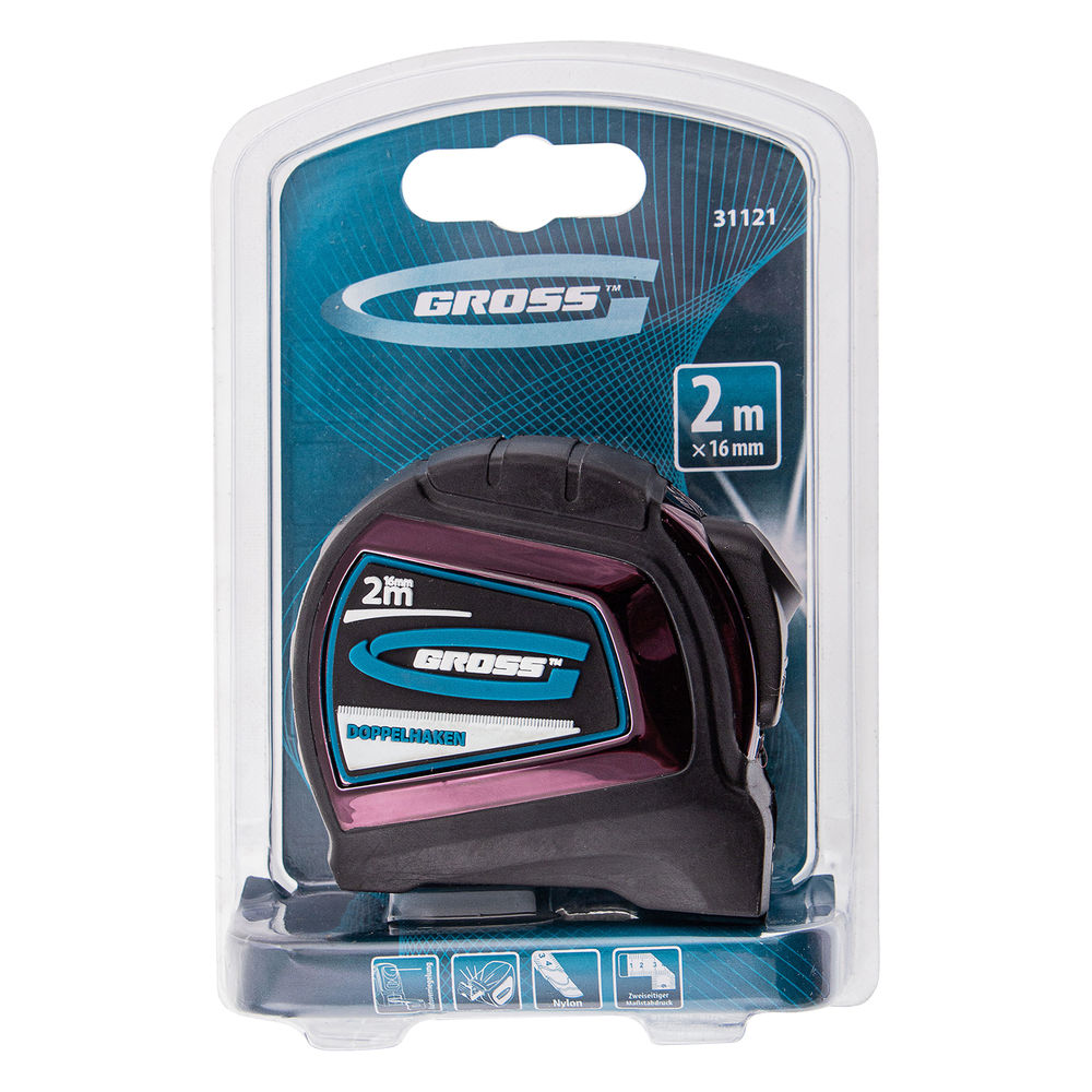 Рулетка Doppelhaken,2 м x 16 мм,односторонний зацеп,Нейлон,двусторонняя шкала,автоматическая фиксация Gross