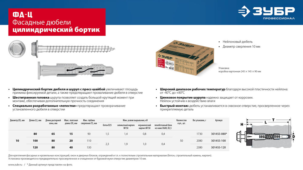 Дюбель фасадный ФД-Ц 10 x 100 мм, нейлон/цинк, 50 шт ЗУБР 301455-100