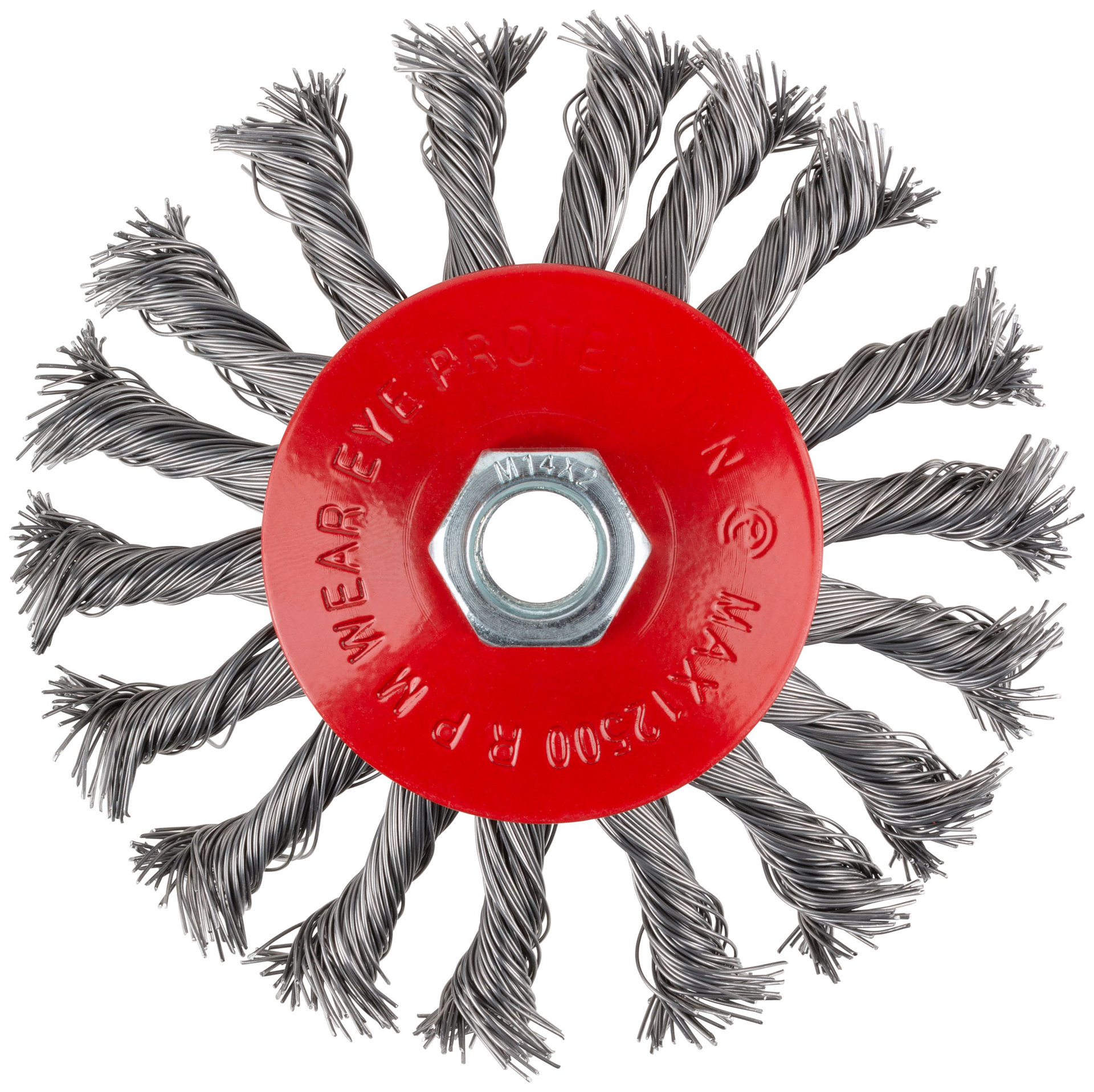 Корщетка-колесо с наклоном, гайка М14, стальная витая проволока 115 мм, блистер (39088)