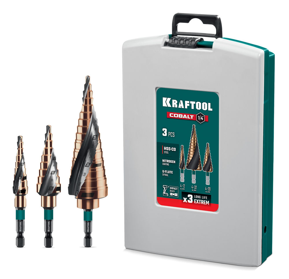 Набор сверл ступенчатых COBALT, 3 шт., 4–32 мм, азотирование, винтовая спираль KRAFTOOL 29691-4-32-H3