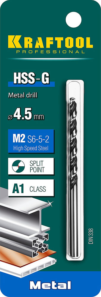 Сверло по металлу 4.5 х 80 мм сталь P6M5 HSS-G KRAFTOOL 29651-4.5