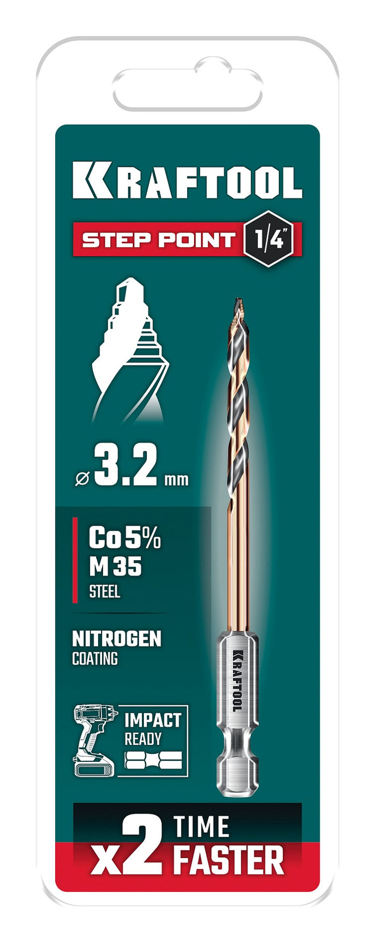 KRAFTOOL STEP POINT, d 3.2 х 75 мм, сверло по металлу для винтовёртов и шуруповертов IMPACT READY (29653-3.2)