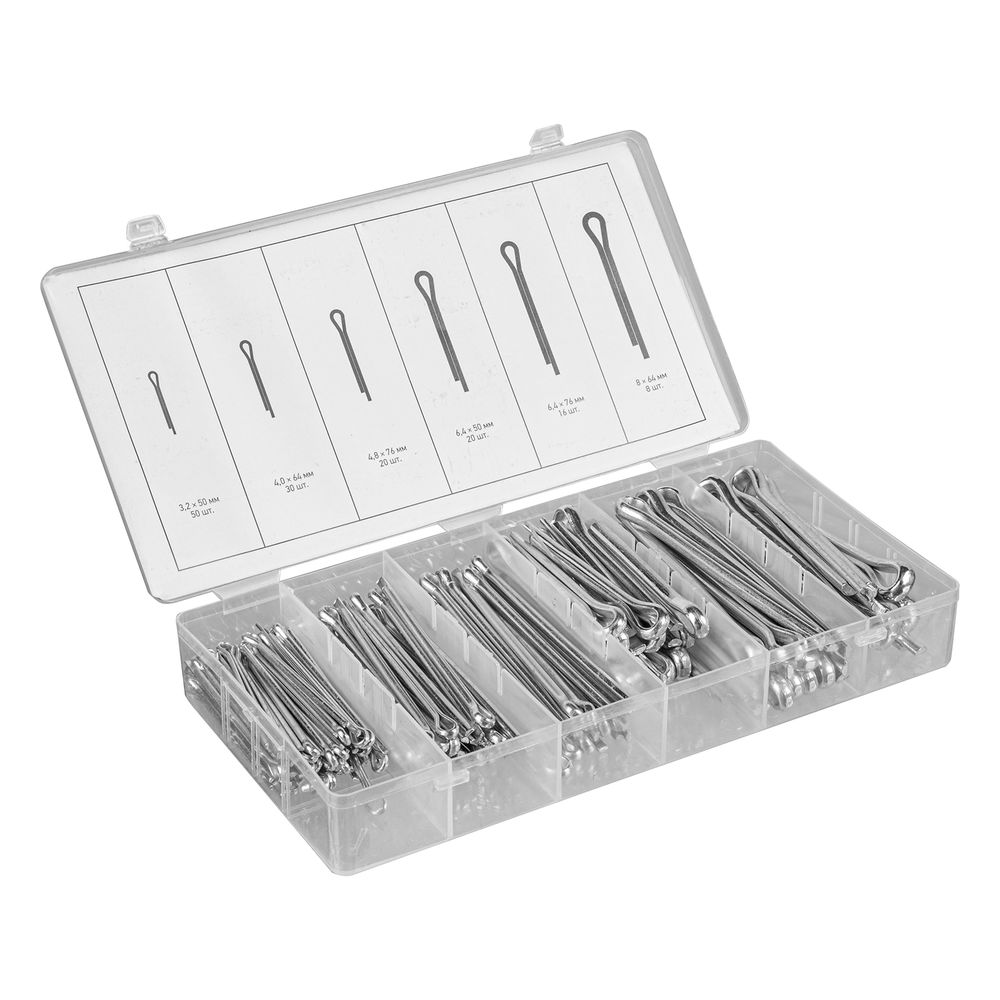 Набор шплинтов, S головки х L: 3.2 х 50.4 х 64, 4.8 х 76, 6, 4 х 25, 6, 4 х 76, 8 х 64 мм, 144 предмета Сибртех (47603)