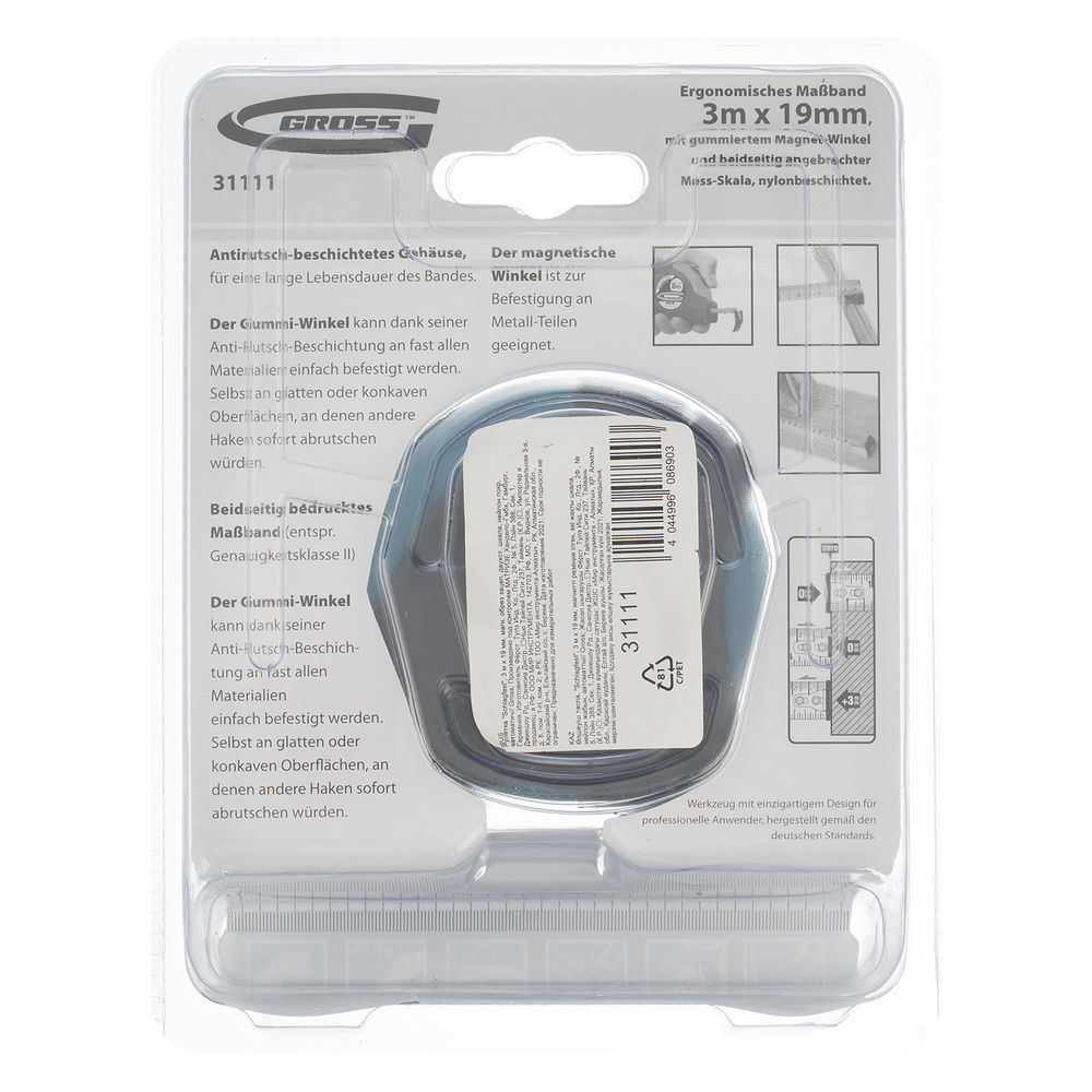 Рулетка Schlagfest,3 м x 19 мм,магнитный обрезиненный зацеп,двусторонняя шкала,Нейлоновое покрытие,автоматическая фиксация Gross