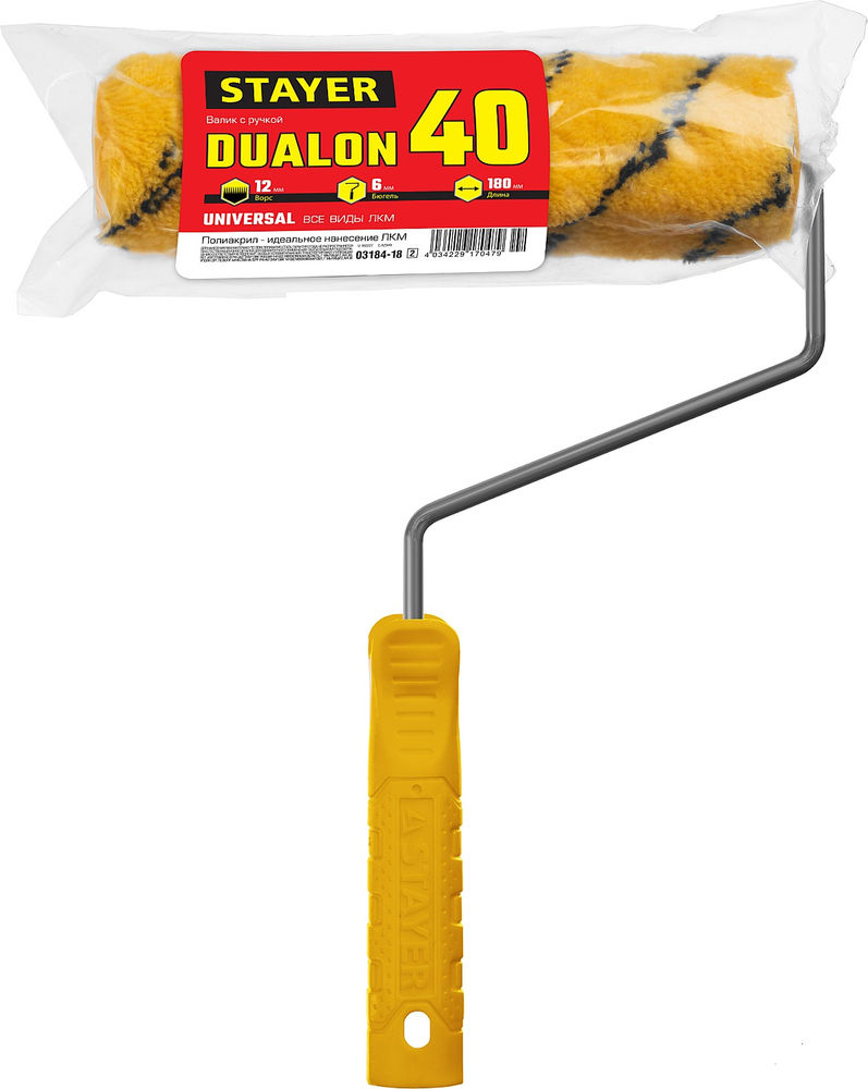 Валик малярный DUALON, 40 х 180 мм, бюгель 6 мм, ворс 12 мм, полиакрил, все виды ЛКМ STAYER 03184-18_z02