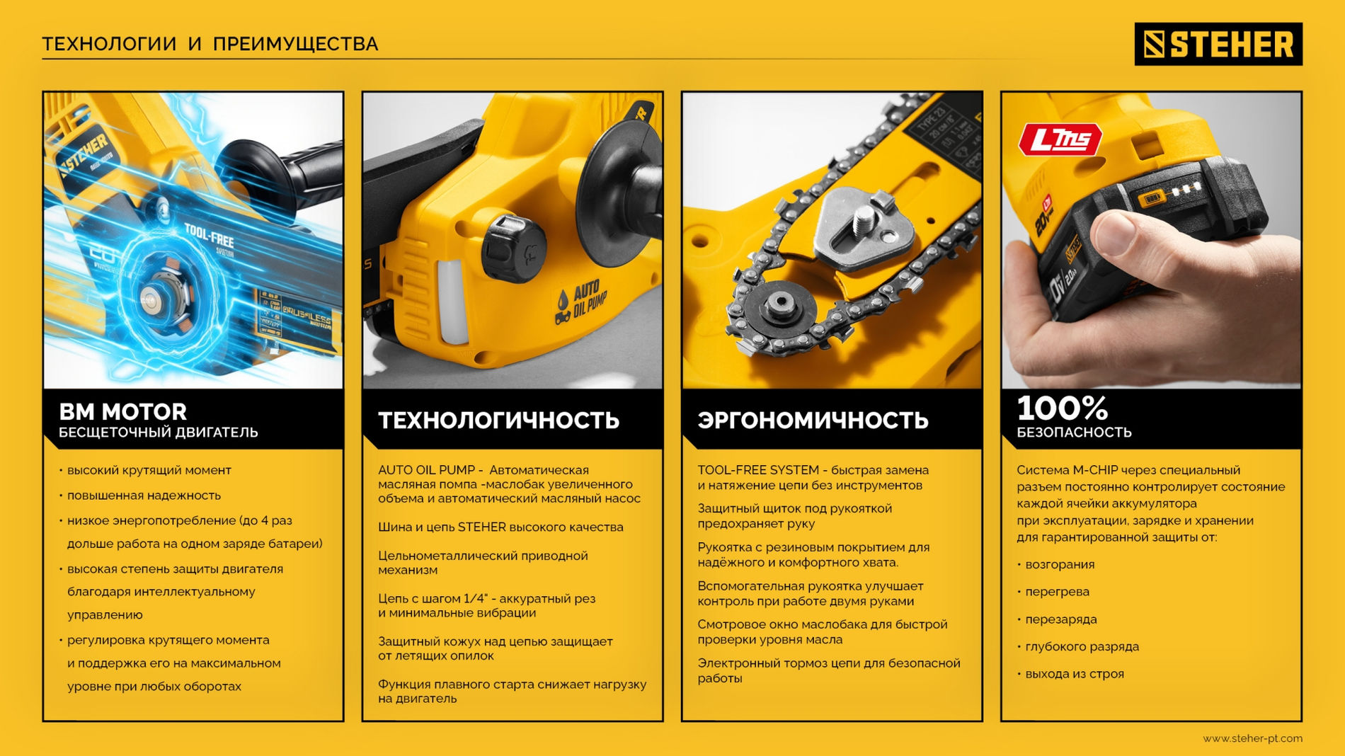 STEHER 20 В, 200 мм шина, без АКБ (LMS), мини-пила цепная аккумуляторная (MCS-2020)
