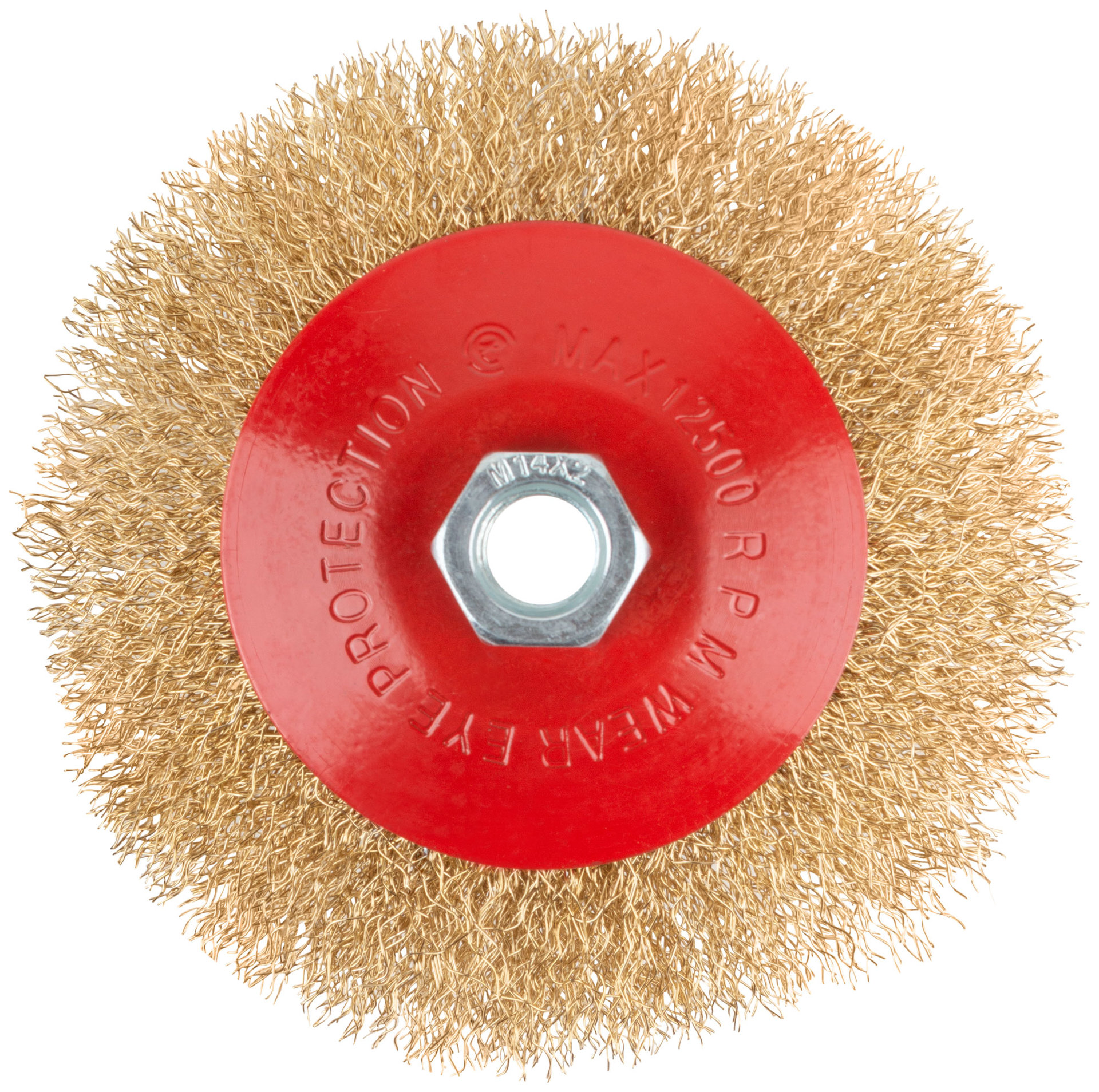 Корщетка-колесо с наклоном, гайка М14, стальная волнистая латунированная проволока 125 мм (39023)