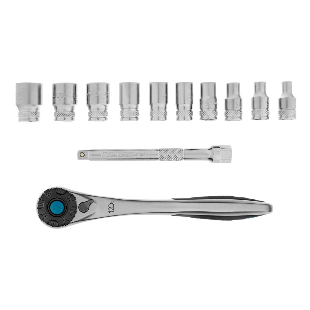 Набор торцевых головок, трещотка 120 зубьев, 1/4, CrV, 12 предметов Gross