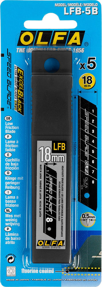 Тефлоновые сегментированые лезвия 18 мм, 5 шт, в пластиковом кейсе + блистер OLFA OL-LFB-5B