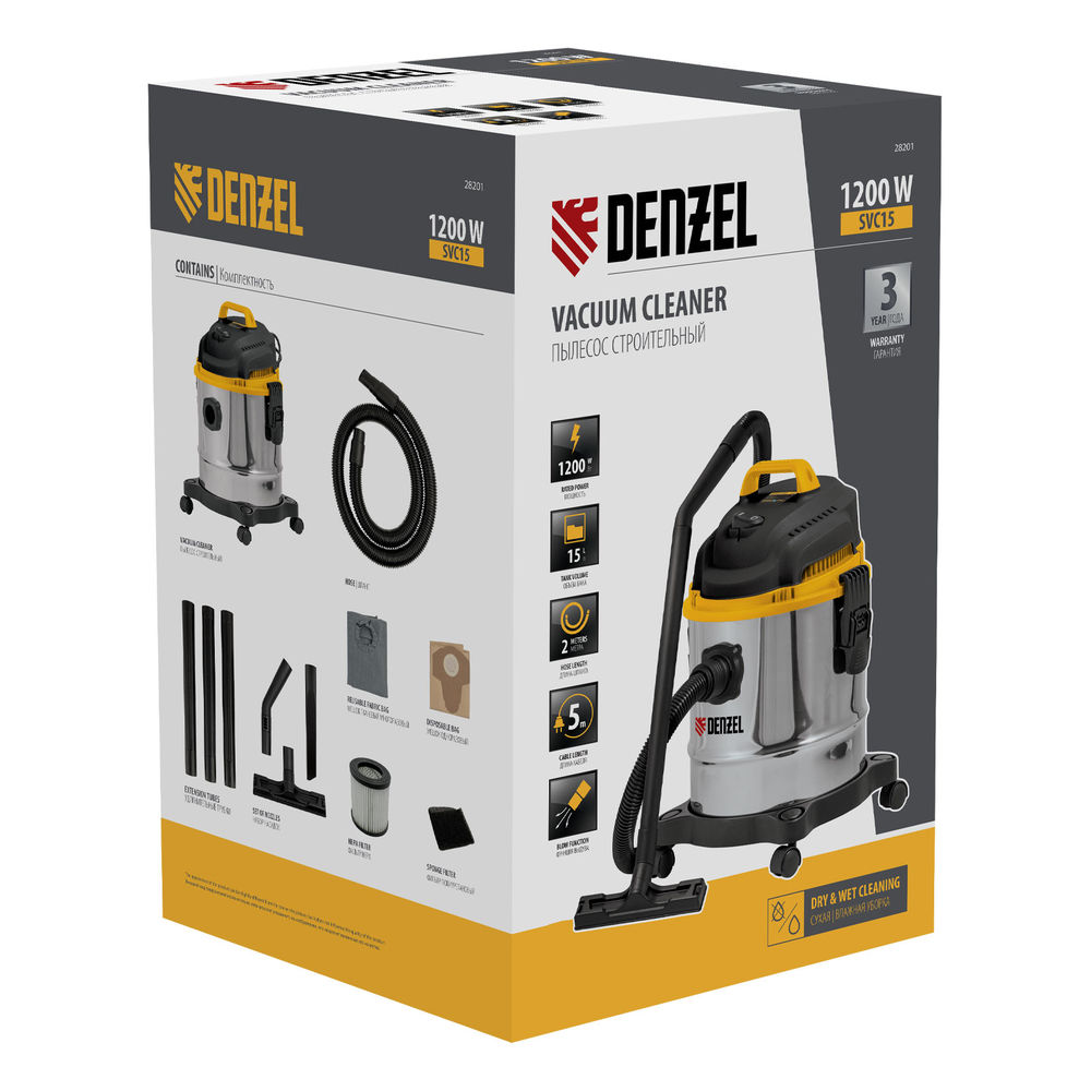Пылесос строительный SVC15, 1200 Вт, бак 15 л, шланг 2 м Denzel (28201)