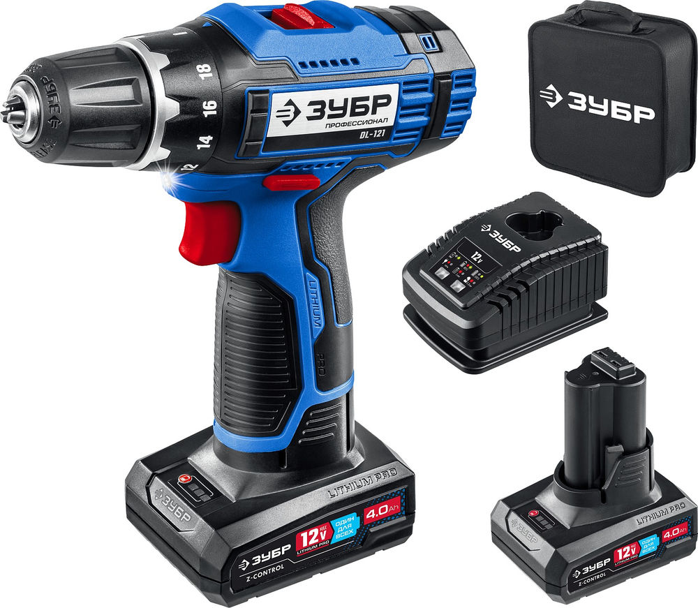 Дрель-шуруповерт 12 В 40 Н·м 2 АКБ тип Т7 4 А·ч сумка Профессионал ЗУБР DL-121-42