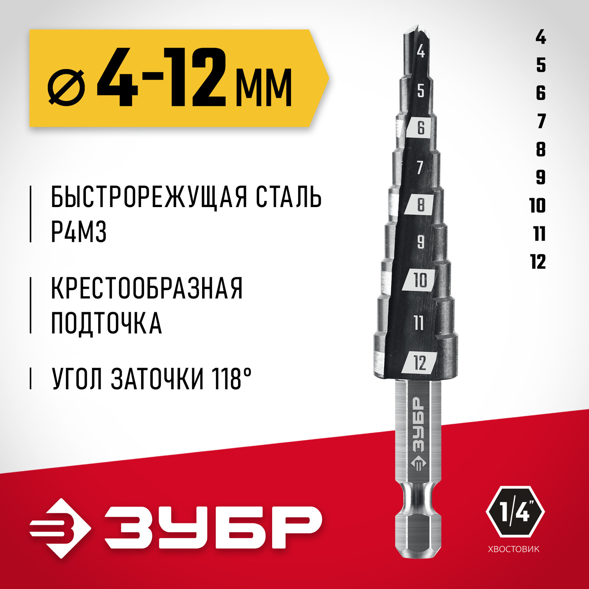 ЗУБР 4-12мм, 9 ступеней, сверло ступенчатое (29665-4-12-9_z01)