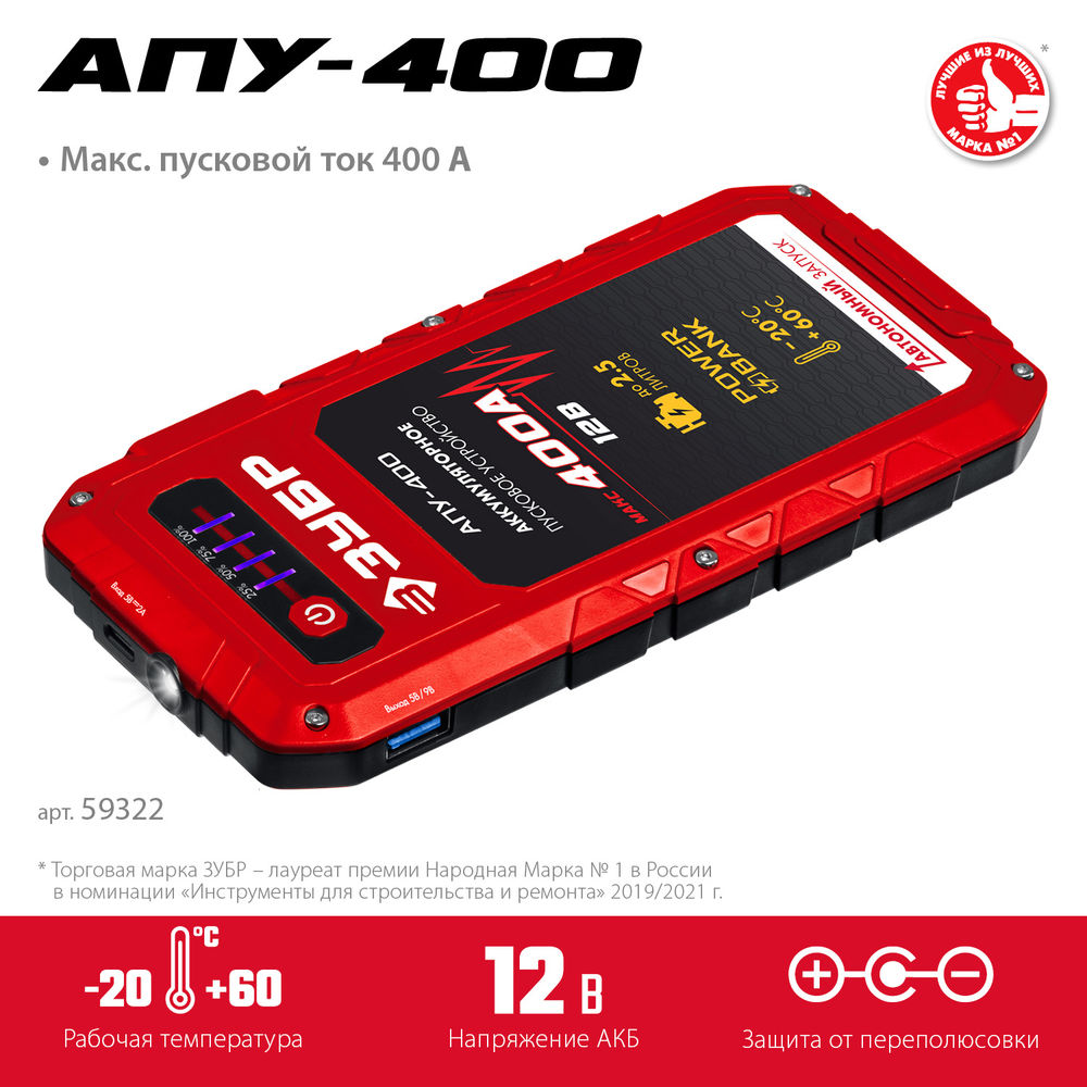 Пусковое устройство 12 В макс. 400 А аккумуляторное ЗУБР АПУ-400 59322