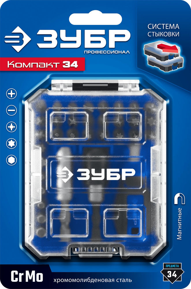 Набор: отвертка с насадками 34 предм., система стыковки Z-БОКС Компакт ЗУБР Профессионал 25173