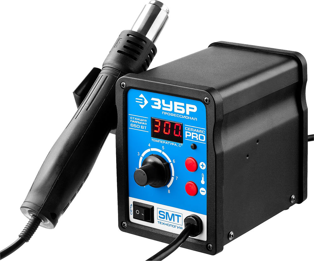 Паяльная станция термовоздушная цифровая 650 Вт, 100-500°C, 120 л/мин, 3 насадки, керамический нагреватель Профессионал ЗУБР ПСТ-650 55350