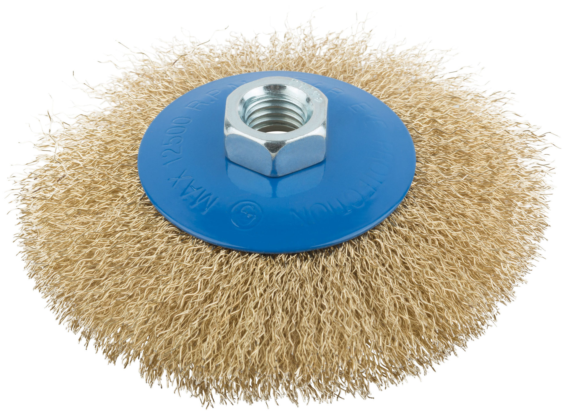 Корщетка, тип колесо с наклоном, гайка М14, стальная волнистая латунированная проволока 115 мм (38927М)