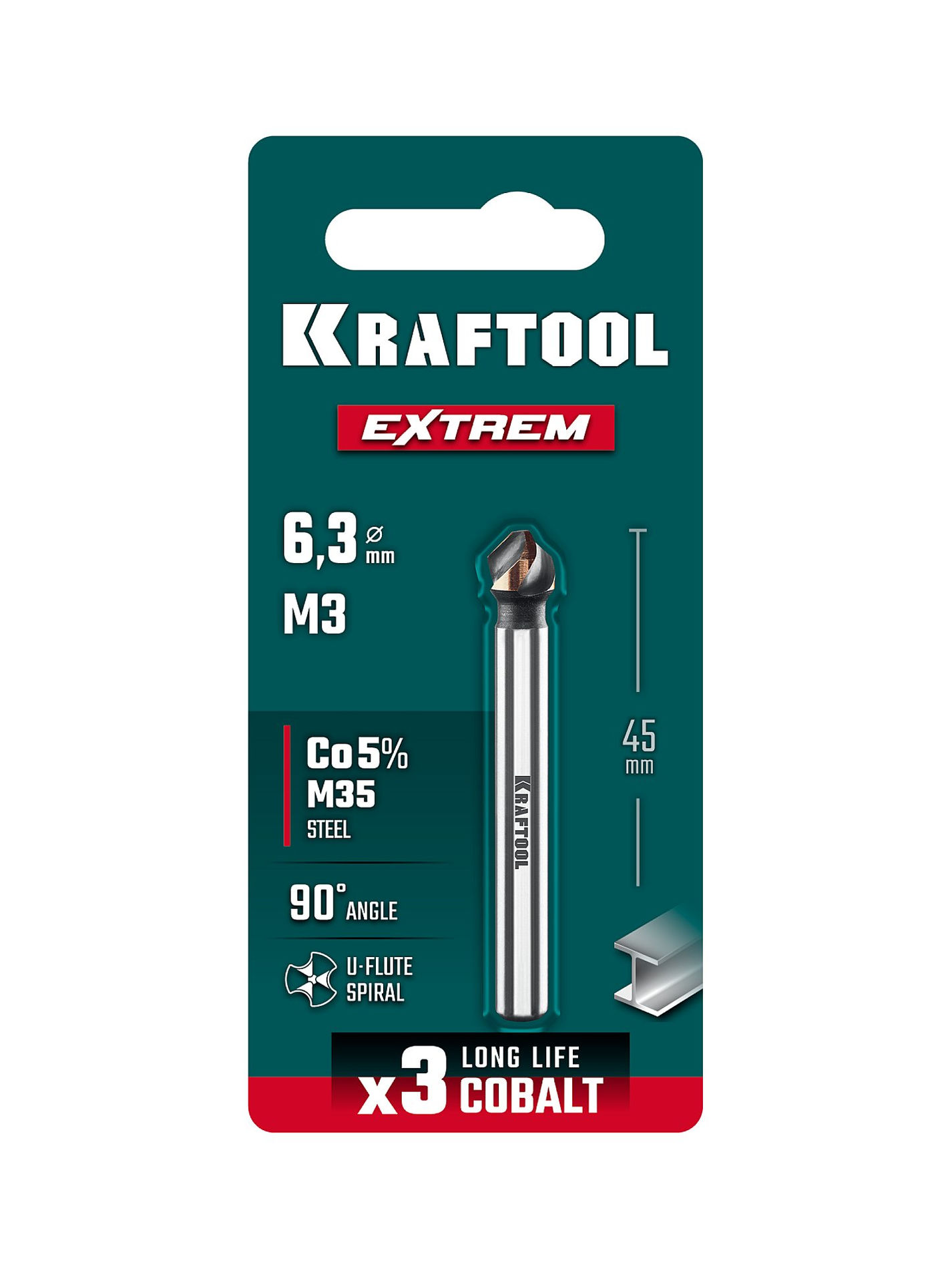 KRAFTOOL EXTREME Со5-А, d 6.3x5х45 мм, Z3, 90°, сталь M35, U-образная спираль, зенковка (29734-3)