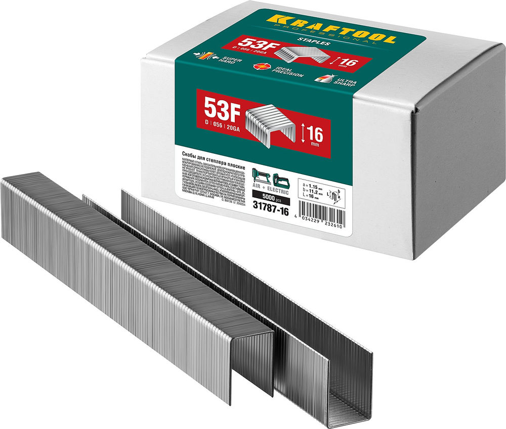 Скобы тип 53F (D/056), 16 мм, калибр 23GA, 5000 шт KRAFTOOL 31787-16