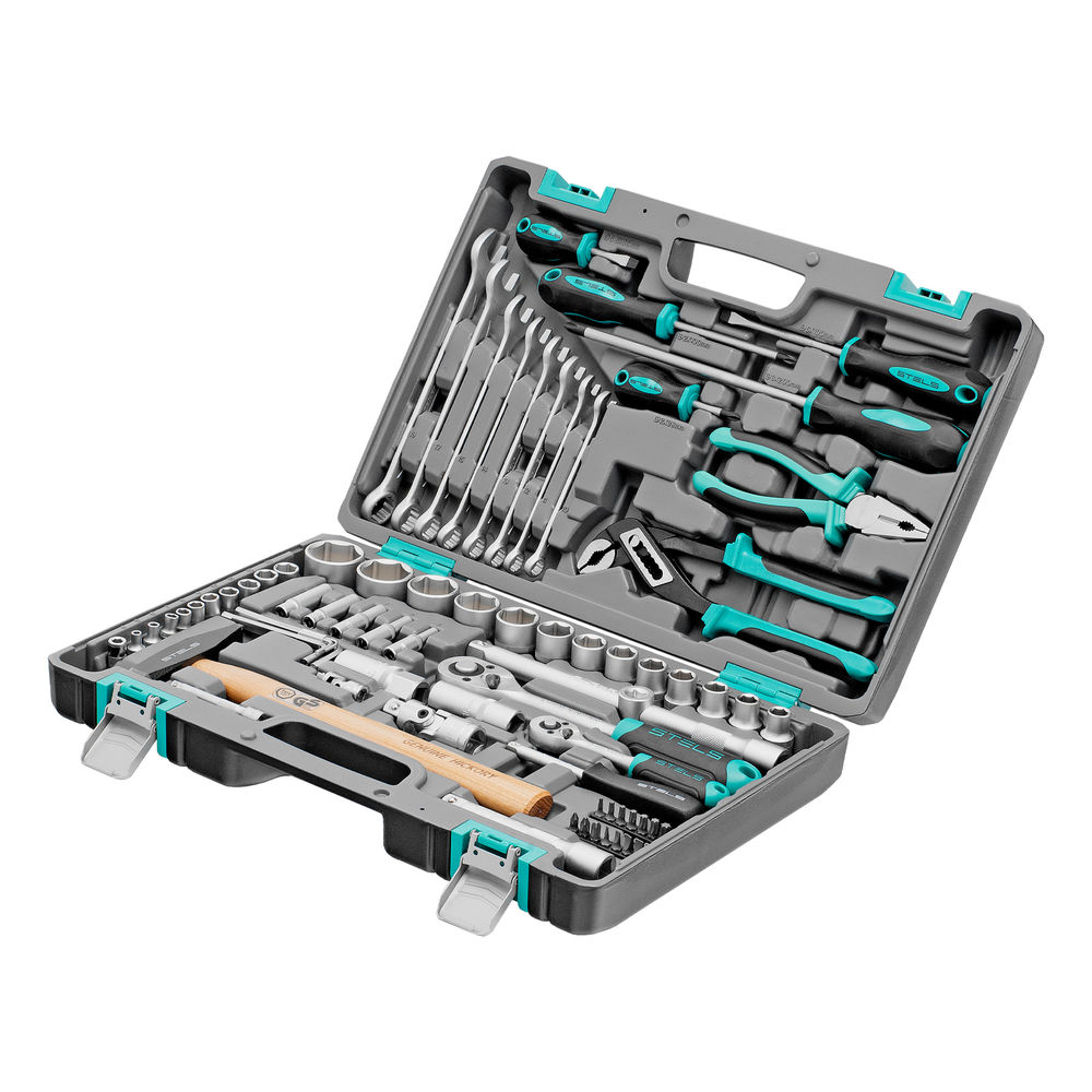 Набор инструментов, 1/2, 1/4, CrV, пластиковый кейс 76 предметов Stels