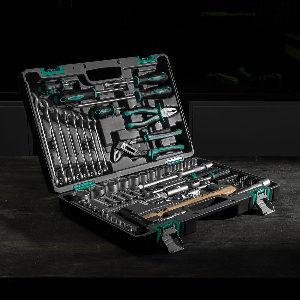 Набор инструментов, 1/2, 1/4, CrV, пластиковый кейс 76 предметов Stels