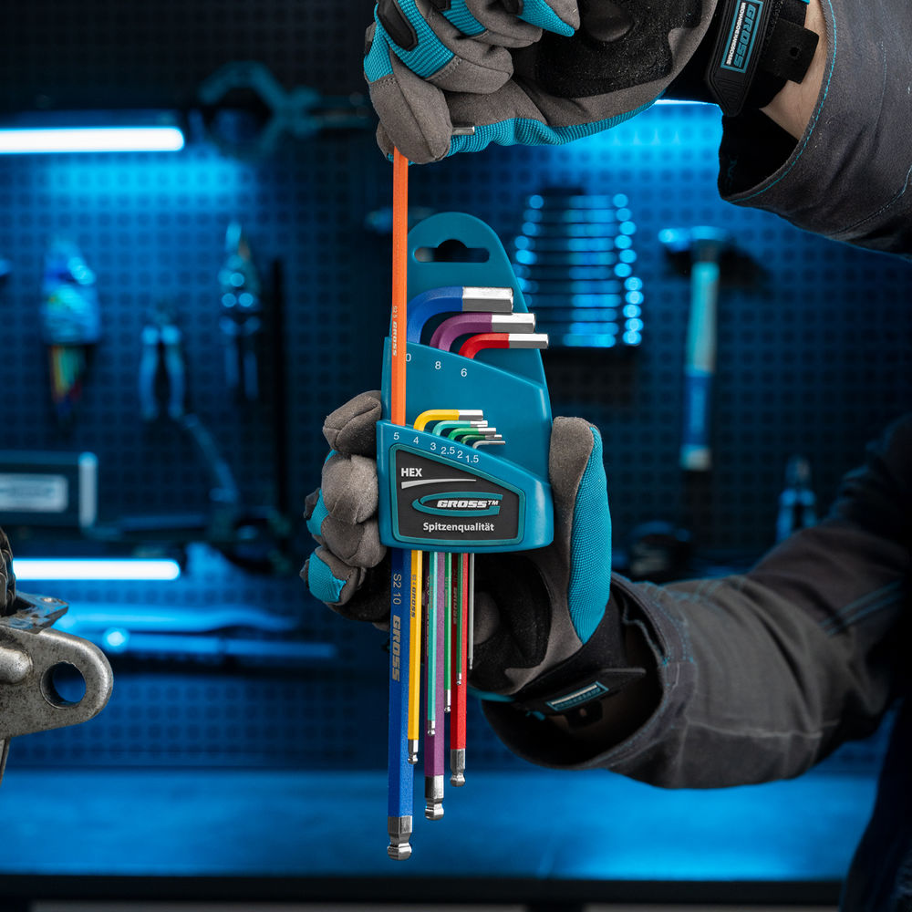 Набор ключей имбусовых HEX, 1.5-10 мм, S2, 9 шт, магнит, экстра-длинные с шаром, хром/краска Gross (16400)