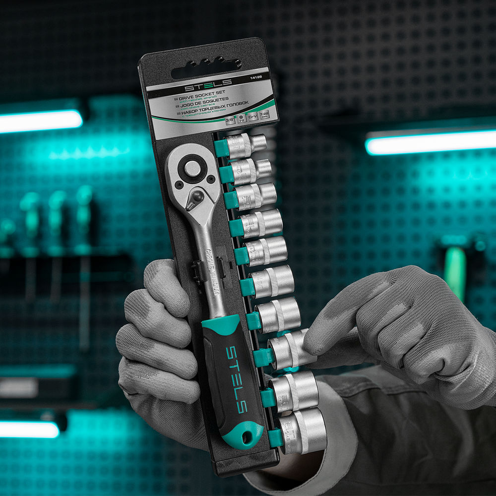 Набор торцевых головок, 3/8, головки 7 - 22 мм, с трещот. ключом, CrV,11 предметов Stels