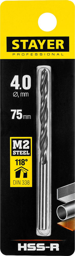 Сверло по металлу быстрорежущая сталь P6M5 Professional HSS-R STAYER 4.0x75 мм 29602-4  