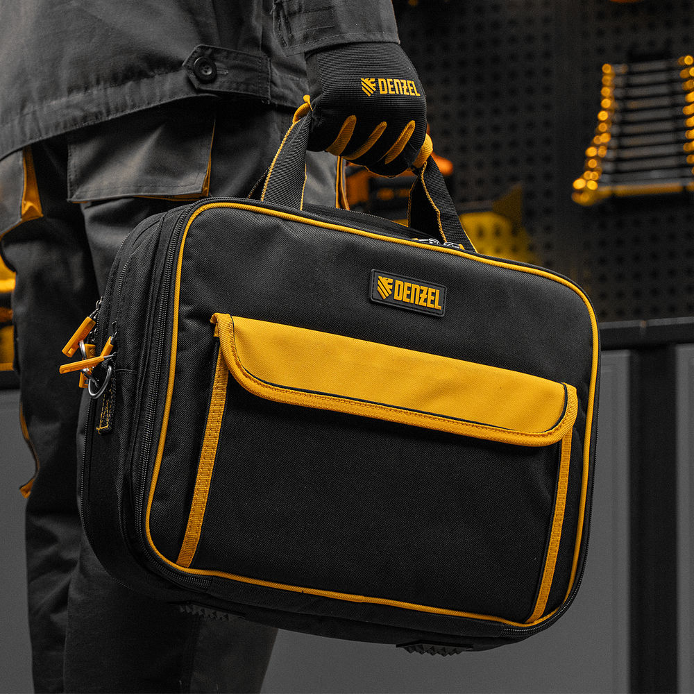 Сумка для инструмента, 400х170х300 мм, 3 отделения, 28 карманов, наплечный ремень Denzel