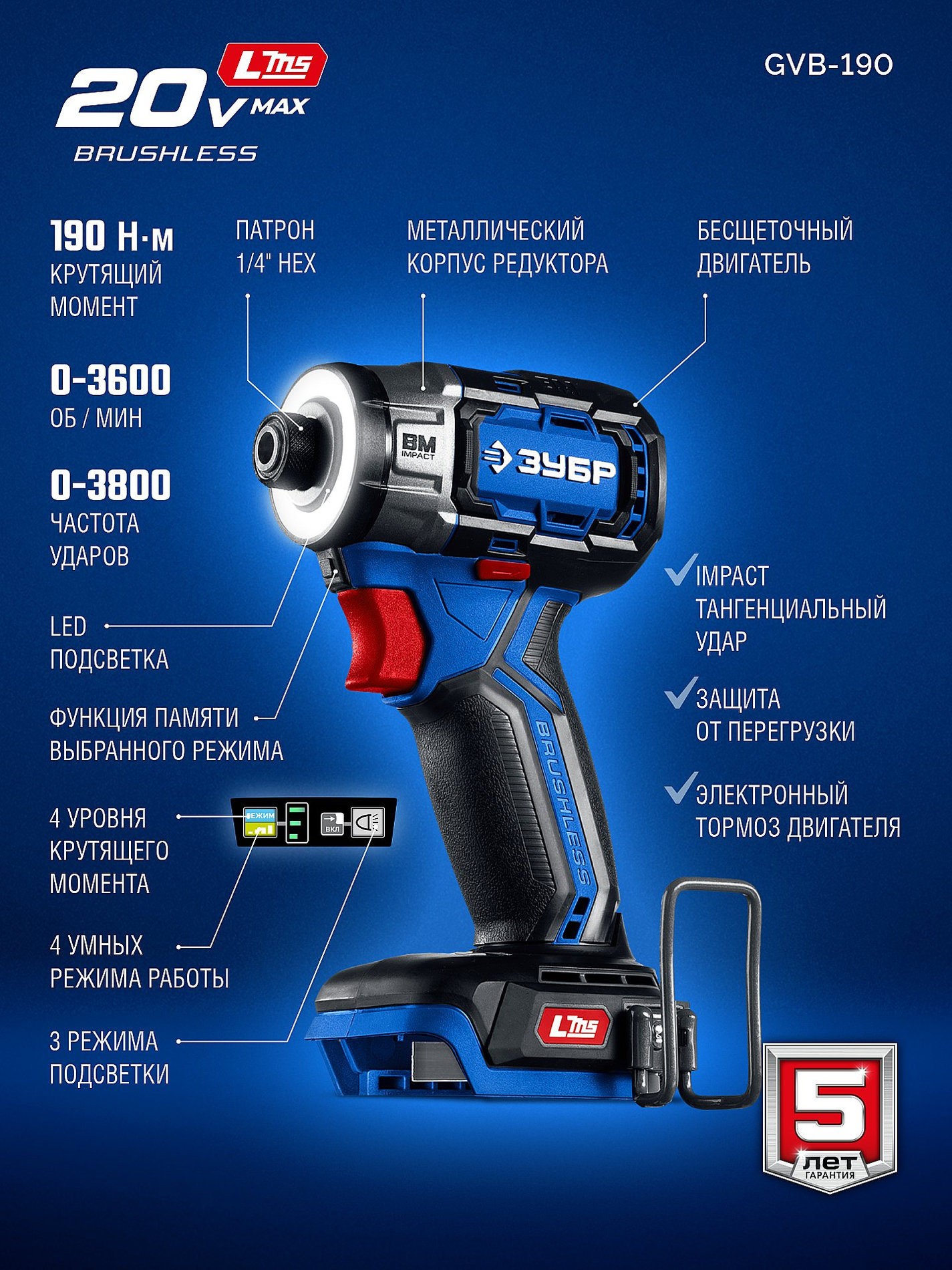 ЗУБР 20 В, 190 Н·м, без АКБ (LMS), бесщеточный ударный винтоверт, ПРОФЕССИОНАЛ (GVB-190)