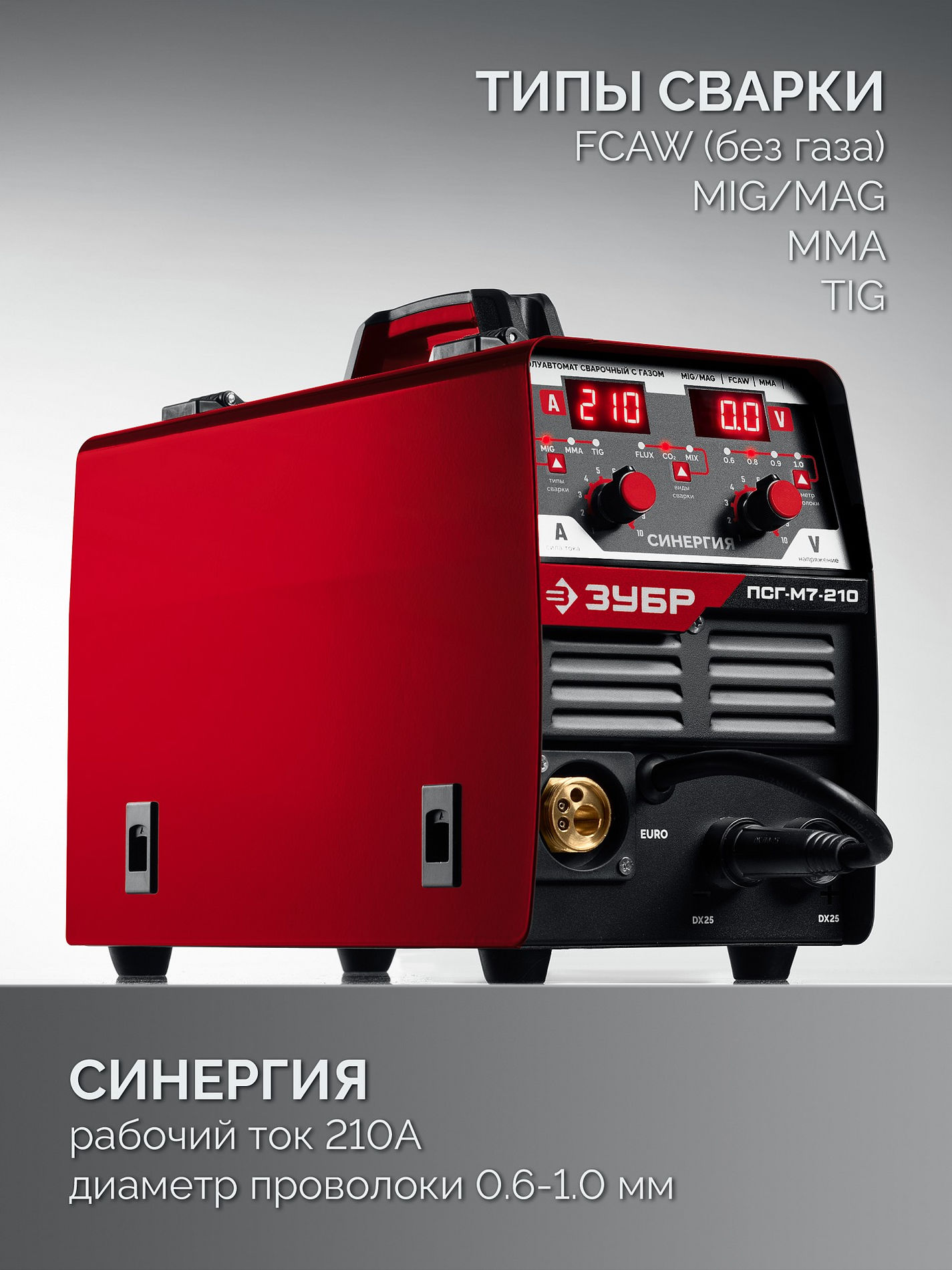 ЗУБР СИНЕРГИЯ, MIG / MAG, FCAW, MMA, TIG, 210 А, полуавтомат сварочный, с газом / без газа, горелка ПСГ-220 (ПСГ-М7-210)