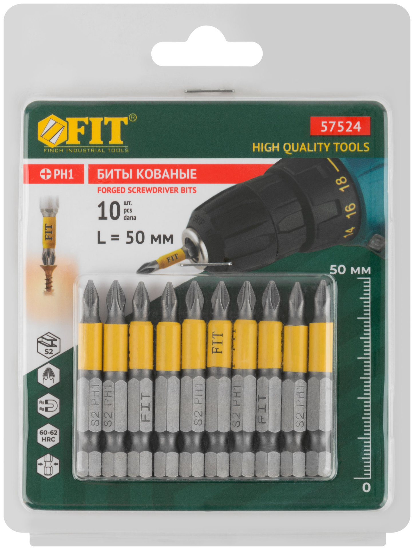 Биты кованые, сталь S2, односторонние 50 мм PH1, Профи 10 шт., блистер (57524)