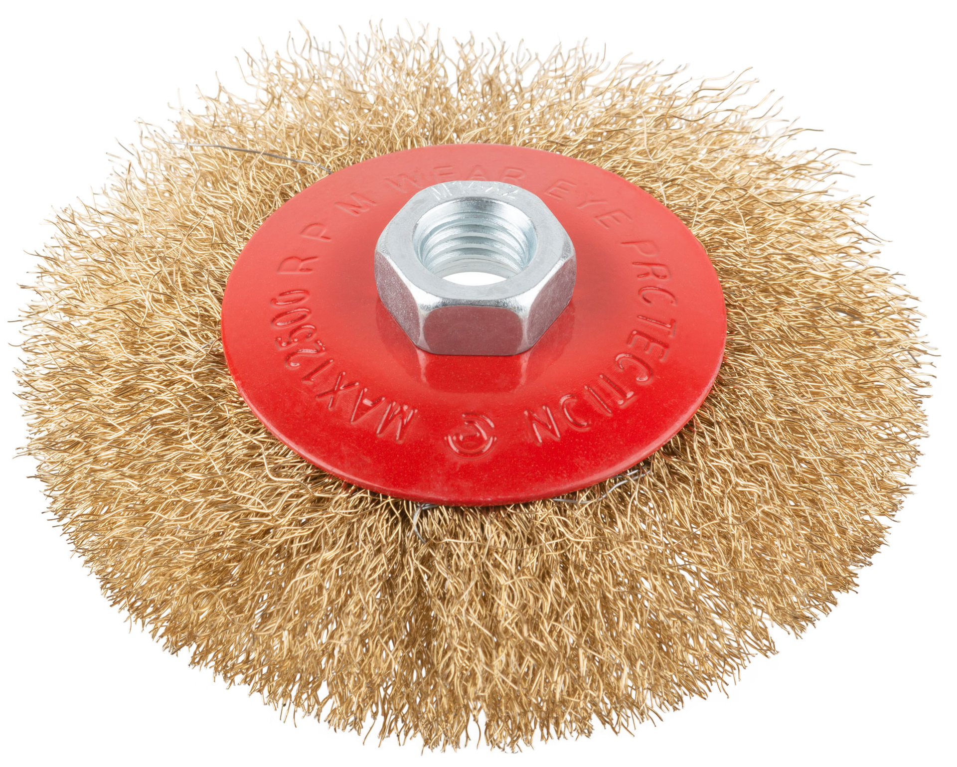 Корщетка-колесо с наклоном, гайка М14, стальная волнистая латунированная проволока 115 мм (39022)