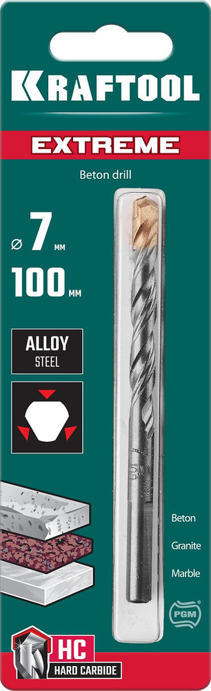 Сверло по бетону Extreme, 7 х 100 мм, трехгранный хвостовик KRAFTOOL 29166-100-07