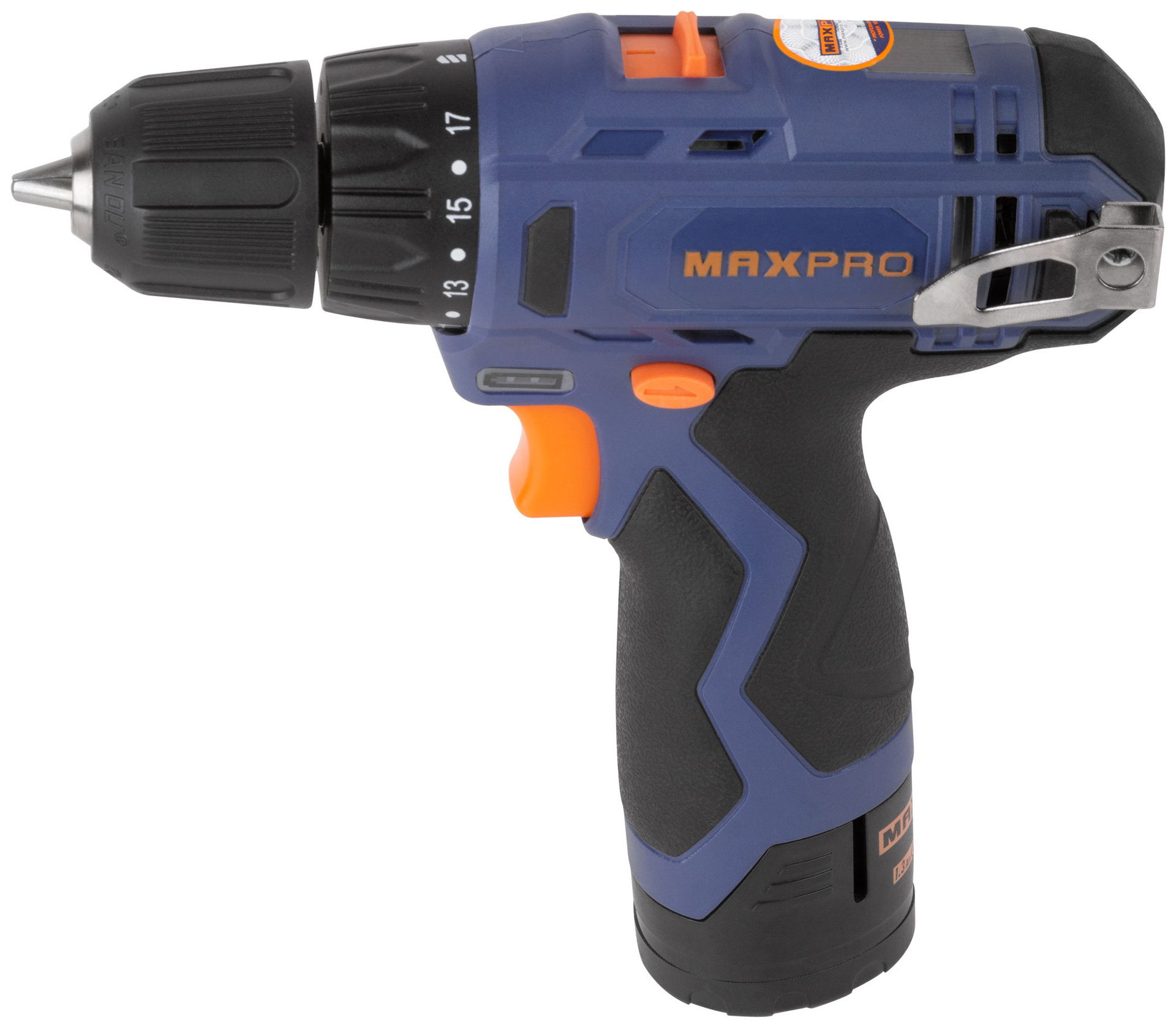 Дрель-Шуруповерт аккумуляторная 12 В; 0-350/0-1300 об/мин; 10 мм; 26 Нм; 2 батареи (Li-Ion) х1,3 Ач; 17+1; 1 ч.; регулировка оборотов MAX-PRO 85026