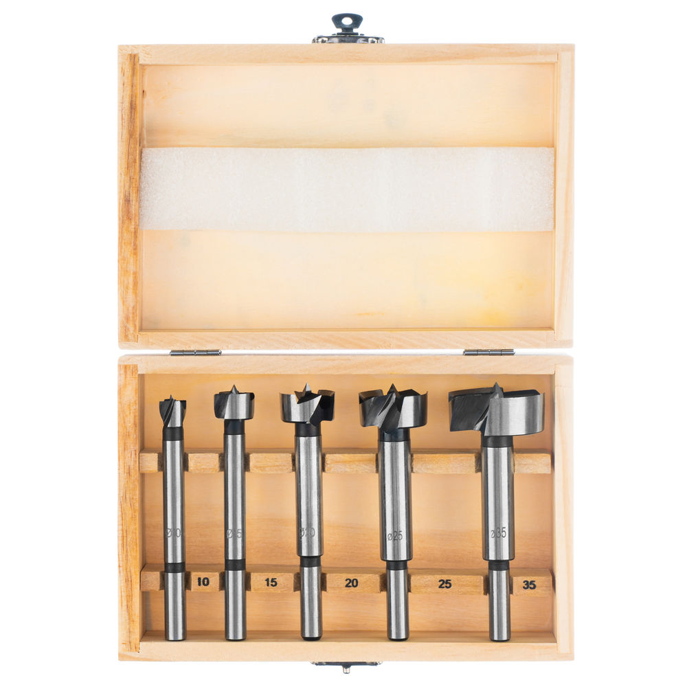 Набор сверл Форстнера по дереву, 10-15-20-25-35 мм, 5 шт, в деревянном боксе, цилиндрический хвостовик Sparta (704405)
