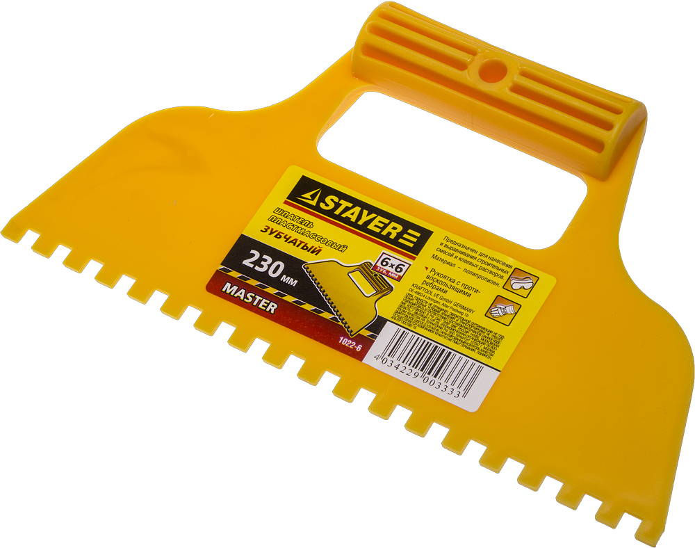Шпатель малярный 230 мм, зубчатый 6 х 6 мм, пластмассовый STAYER 1022-6