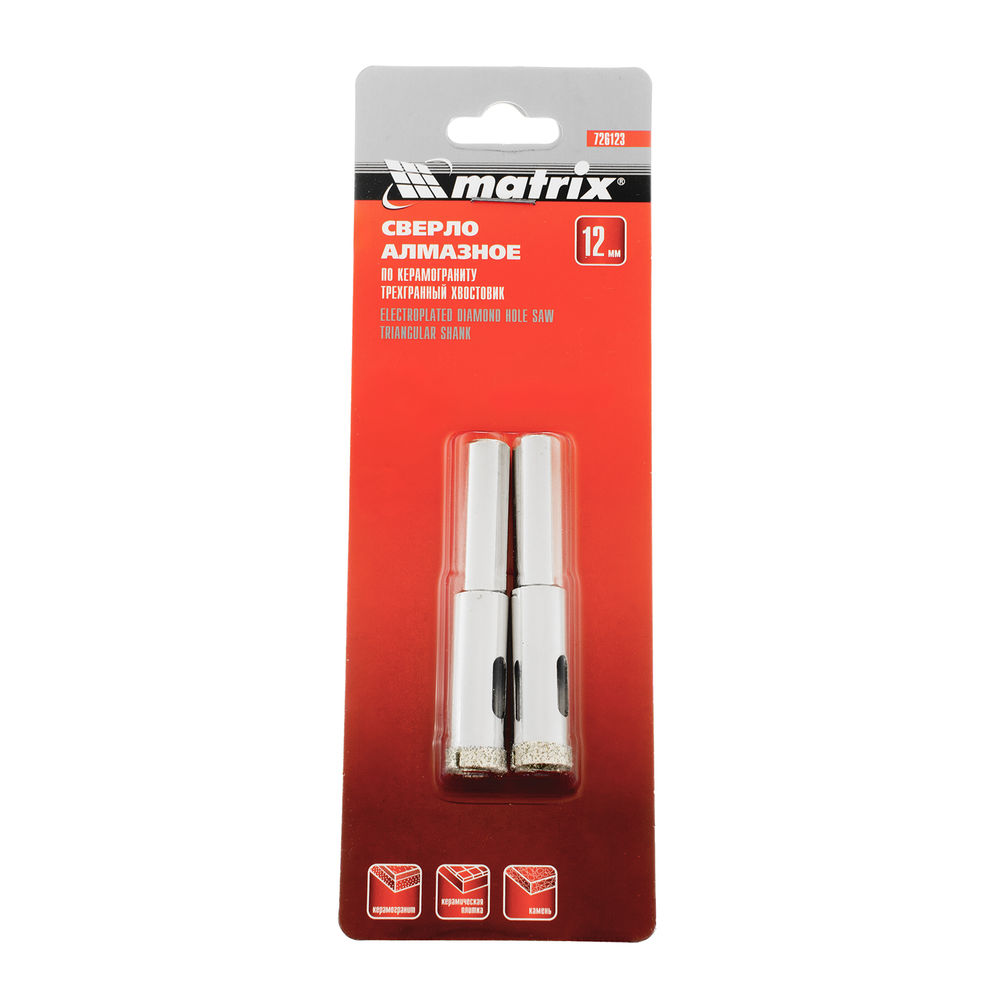 Сверло алмазное по керамограниту, 12 х 67 мм, трехгранный хвостовик, 2 шт Matrix (726123)