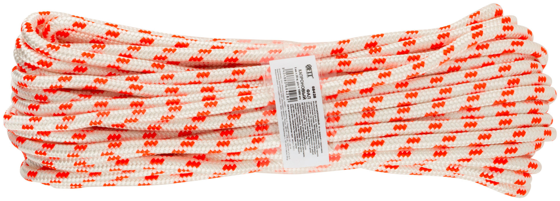 Фал капроновый плетеный 16-ти прядный с сердечником 8 мм х 20 м, р/н= 880 кгс (68428)