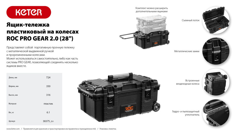 Ящик-тележка пластиковый (28) на колесах ROC PRO GEAR 2.0 KETER 38375
