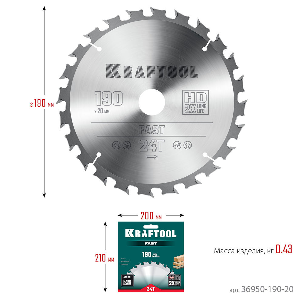 Пильный диск по дереву Fast, 190 х 20 мм, 24Т KRAFTOOL 36950-190-20