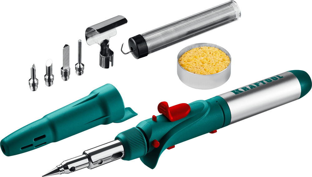 Газовый паяльник SolderGas, 120 K, 30–120 Вт, 1300°С, горелка, фен, пьезоподжиг, набор 10 в 1 KRAFTOOL 55503-H10