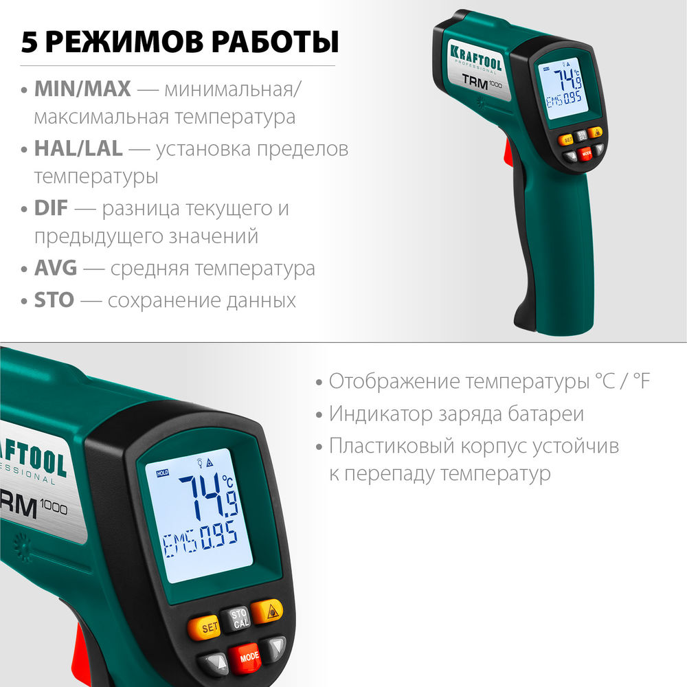 Пирометр инфракрасный TRM-1000, –50° +950°С KRAFTOOL 45703-950