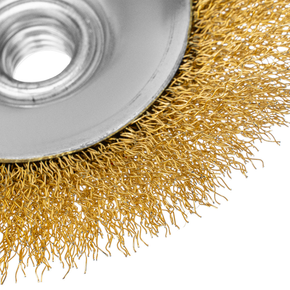 Щетка для УШМ, 125 мм, Тарелка, витая нержавеющая проволока 0.3 мм, М14 Denzel (746163)