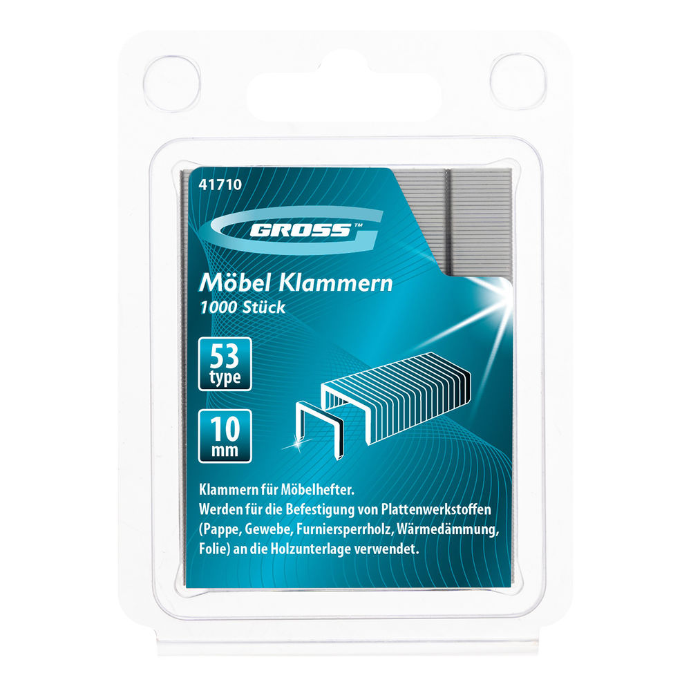 Скобы, 10 мм, для мебельного степлера, усиленные, тип 53, 1000 шт Gross (41710)