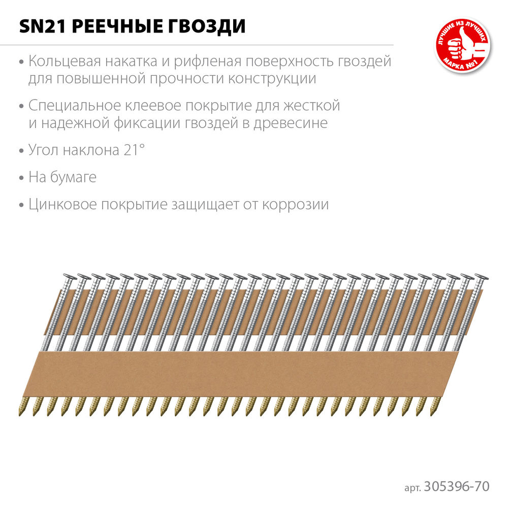 Гвозди реечные рифленые оцинкованные SN21 70 x 3.1 мм, 2400 шт ЗУБР 305396-70